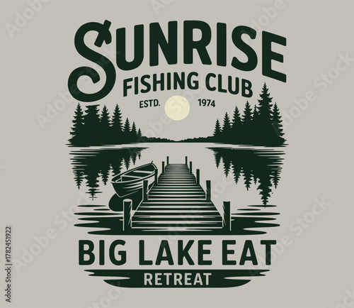 Nature and Adventure  Print – Kayaking and camping illustration with typography “The Lake My Happy Place,” featuring mountains, river, and sunset scenery for outdoor-themed apparel.
