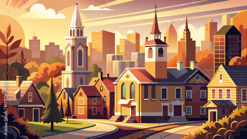 Very beautiful morning sunlight illuminating church and historic building architecture in the Mount Vernon neighborhood of Baltimore, Maryland, USA, with warm tones, clean details, and a realistic pea