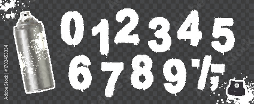 Spray painted stencil numbers from 0 to 9 with can and cap on transparent dark checkered background.