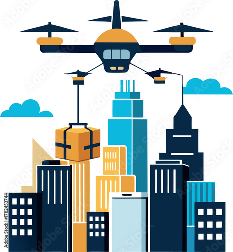 Futuristic drone delivering packages between skyscrapers silhouette design