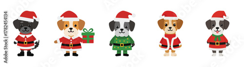A collection of cute cartoon dogs dressed in Santa Claus outfits for the Christmas holiday