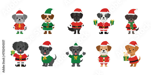 A joyful collection of various dog breeds dressed in festive Christmas costumes