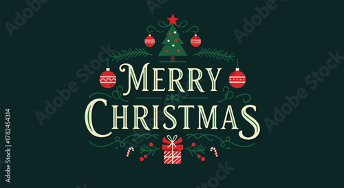 Festive Merry Christmas Greeting with Ornaments and Gifts