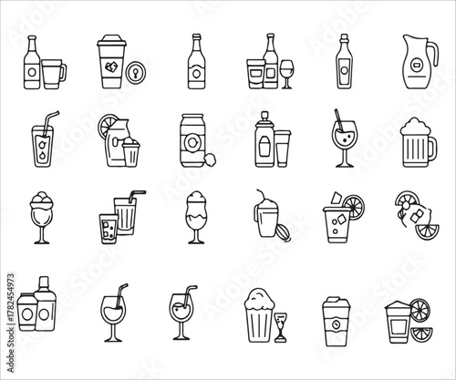 Outline Vector Icon Set of Refreshing Drinks and Beverages Selection
