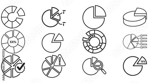 Pie chart icons in black — segments, percent shares and composition graphics for reports and infographics