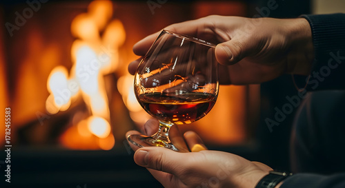 A man holding a glass of brandy in front of a fireplace for a cozy evening,Relaxing with a glass of cognac by the fire, enjoying the warmth and ambiance