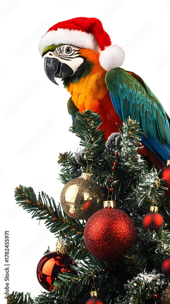 Fototapeta premium Colorful Parrot Wearing Santa Hat on Decorated Christmas Tree