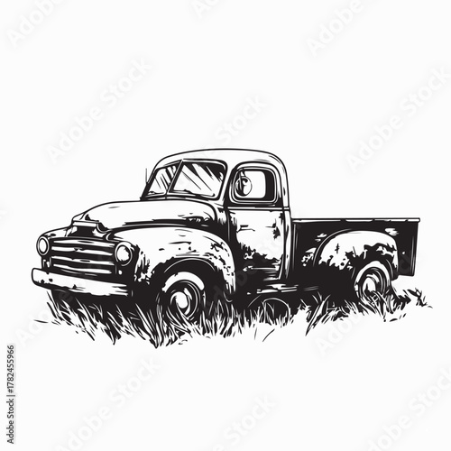 Old Pickup Truck Left in Field with Grass in Vector on white background