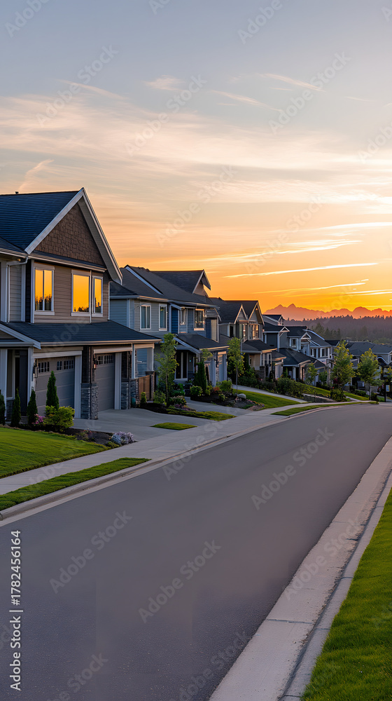 Obraz premium Beautiful sunset casting long shadows over a quiet suburban neighborhood filled with modern houses and well-kept lawns vertical 