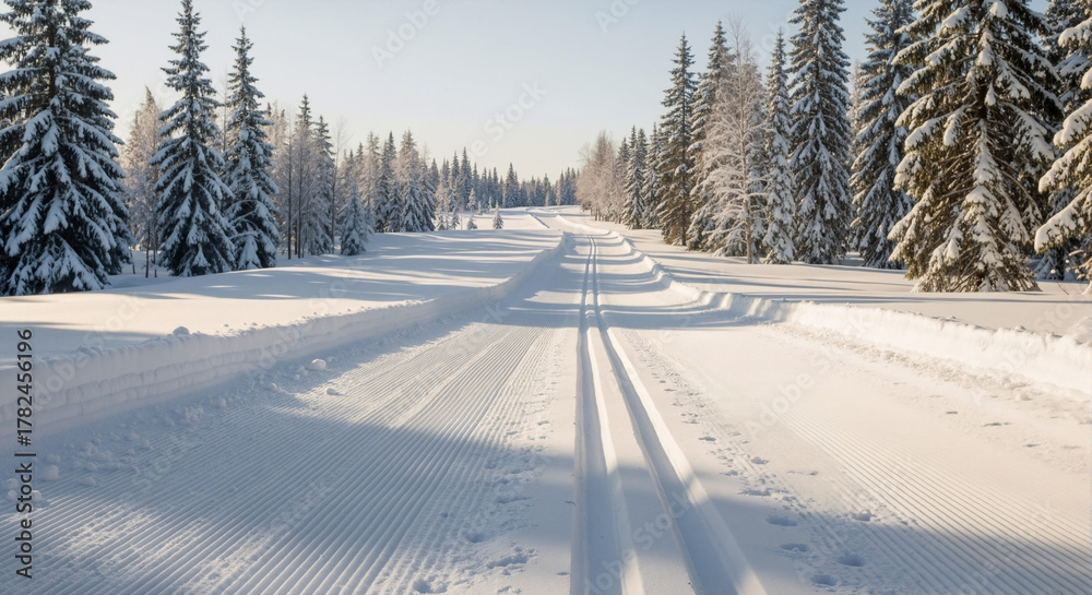 Fototapeta premium Snow-covered winter landscape with pine trees and ski tracks 