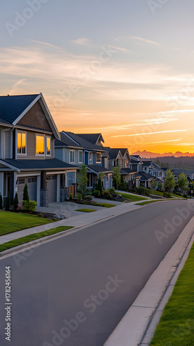Beautiful sunset casting long shadows over a quiet suburban neighborhood filled with modern houses and well-kept lawns vertical 