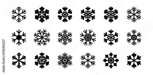 Diverse Collection of Geometric Black Snowflake Icons for Winter Design Projects and Festive Decorations