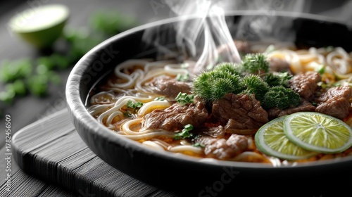 Fototapeta Naklejka Na Ścianę i Meble -  Hot Beef Pho Noodle Soup with Lime and Parsley, close up