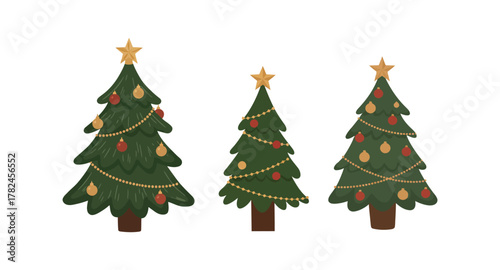 Festive Christmas Trees Decorated with Ornaments and Lights for Holiday Celebration