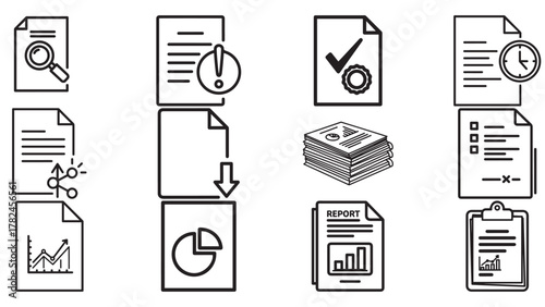 Report icons variations in bold black — documents, kpis and visual summaries for business analytics, audits, and performance reviews