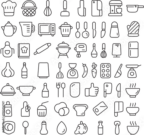 Collection of 50 cooking line icons isolated on white background for culinary projects