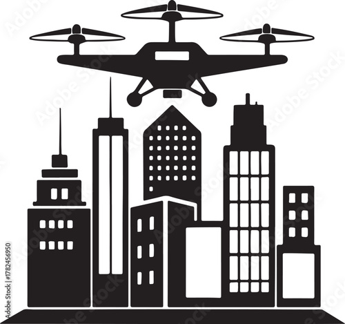 Futuristic drone delivering packages between skyscrapers silhouette design