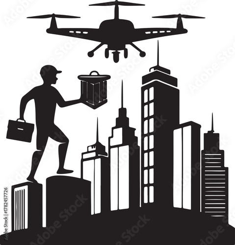 Futuristic drone delivering packages between skyscrapers silhouette design