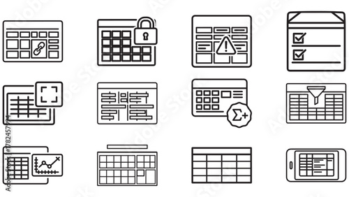 Spreadsheet icons in clean black — grids, cells and pivot tools for data entry, planning, budgeting, and modeling
