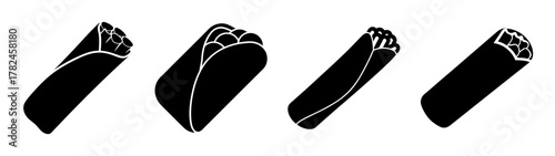 A collection of four black silhouette icons representing burritos, showcasing different angles and fillings, isolated on a