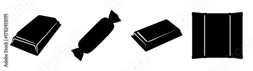 Collection of four black silhouette icons of different types of chocolates and candies, isolated on a
