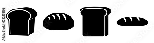 A collection of black silhouette icons representing different types of bread, including sliced loaves and round loaves, all isolated on a clean