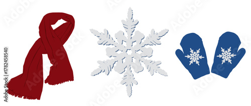 winter wear gloves and scarf and snowflake on a white background