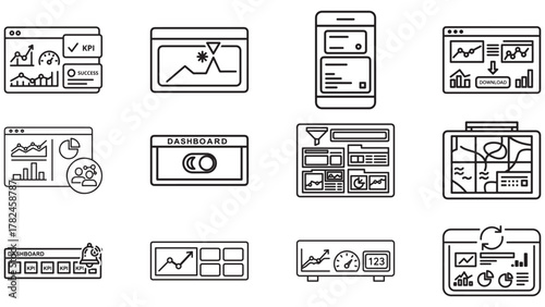 Dashboard icons sheet in black — live kpi panels, widgets and cards for real-time monitoring and executive overviews