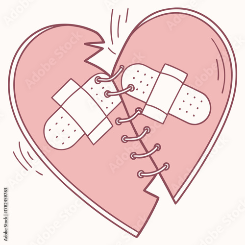 Broken heart mended with bandages, a symbol of healing and recovery