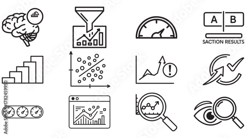 Analysis icons in bold black — statistics, hypothesis tests and data exploration for research dashboards