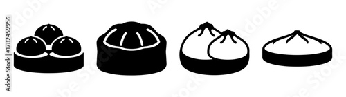 Collection of four black and white icons representing different types of dumplings, isolated on a