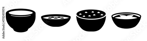 Four black silhouette icons of bowls containing different food items, presented on a
