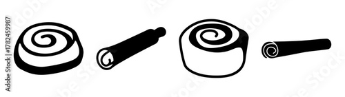 A simple black and white illustration of four cinnamon rolls and cinnamon sticks on a, presented in a clean, minimalist style