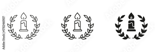 Candle With Laurel Wreath In Line, Outline, And Glyph Icon Set. Celebration, Victory, And Honor Symbol Collection. Decorative And Ceremonial. Isolated Vector Illustration
