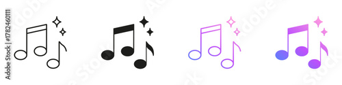 Music Notes With Sparkles Line and Solid Icon Set. AI Sound Creation And Audio Entertainment Symbol Collection. Isolated Vector Illustration