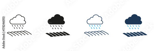 Cloud And Rain Over Field Line And Solid Icon Set. Agricultural Weather, Irrigation, And Crop Growth Symbol Collection. Farming And Climate Impact Representation. Isolated Vector Illustration