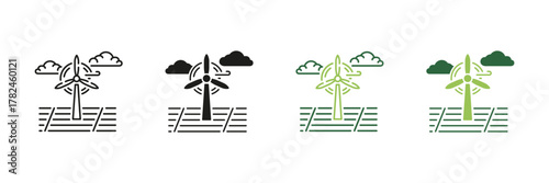 Wind Turbine With Solar Panels And Clouds Line And Solid Icon Set. Renewable Energy, Sustainable Power Generation, Eco-Friendly Technology Symbols. Clean Energy. Isolated Vector Illustration