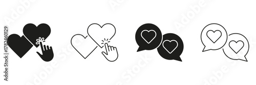 Heart Interaction And Communication Line And Solid Icon Set. Social Media Engagement, Liking, And Messaging Symbol Collection. Digital Connection And Online Interaction. Isolated Vector Illustration