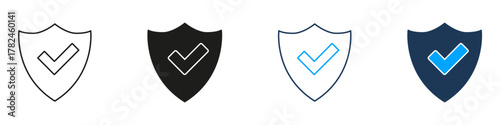 Shield With Checkmark Line And Solid Icon Set. Security, Protection, And Verification Symbol Collection. Cybersecurity And Data Integrity Assurance. Isolated Vector Illustration