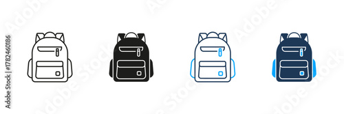 Backpack Line And Solid Icon Set. School, Travel, And Hiking Gear Symbol Collection. Versatile Design For Education, Adventure, And Outdoor Activities. Isolated Vector Illustration