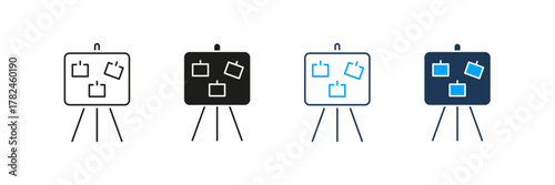 Board With Sticky Notes Line And Solid Icon Set. Brainstorming, Idea Generation, And Project Planning Symbol Collection. Creative Collaboration And Strategy Development. Isolated Vector Illustration
