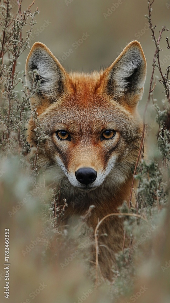 Obraz premium A red fox in its natural habitat among bushes and grass. Suitable for publications about wildlife, ecology, and the animal world.