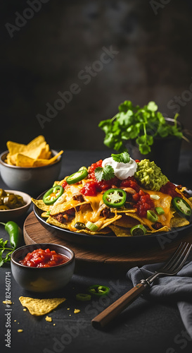 A plate of loaded nachos with melted cheese, salsa, guacamole, sour cream, and jalapenos, presented with bowls of toppings and cilantro.