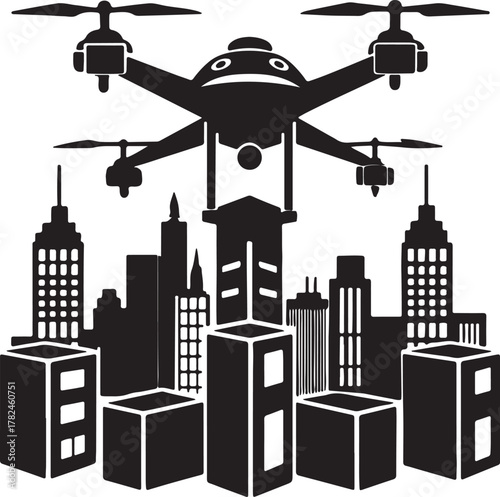 Futuristic drone delivering packages between skyscrapers silhouette design