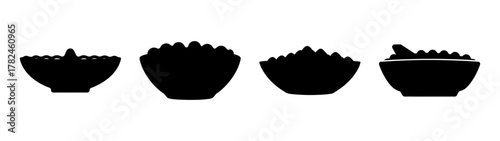 Four black silhouette bowls filled with various food items