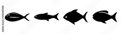 Four black fish silhouettes of varying sizes and shapes arranged horizontally on a, suggesting a progression or evolution