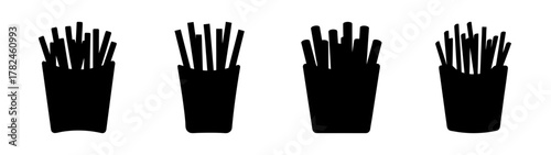 Four black silhouette icons of french fries in paper containers
