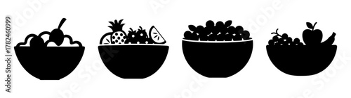 Four black silhouette bowls filled with various fruits, including cherries, pineapple, grapes, apple, and banana, isolated on a