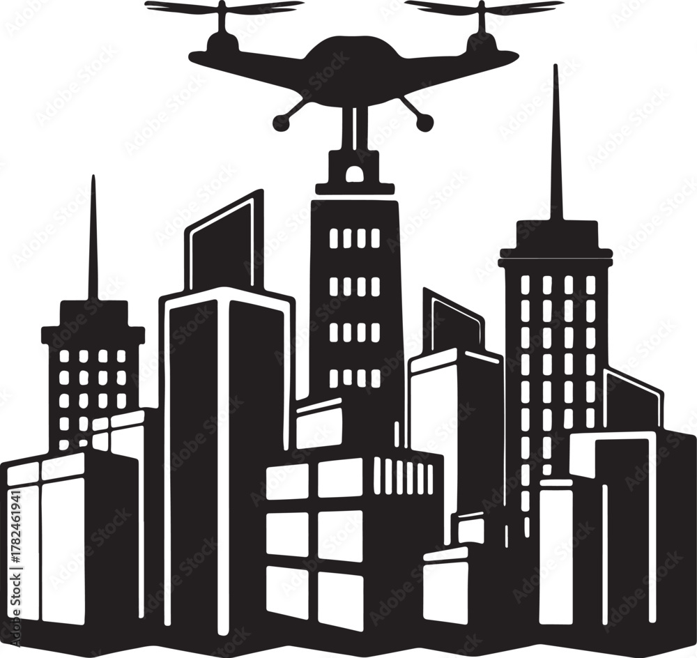 Obraz premium Futuristic drone delivering packages between skyscrapers silhouette design