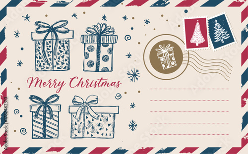Christmas mail, postcard, hand drawn illustration.	
